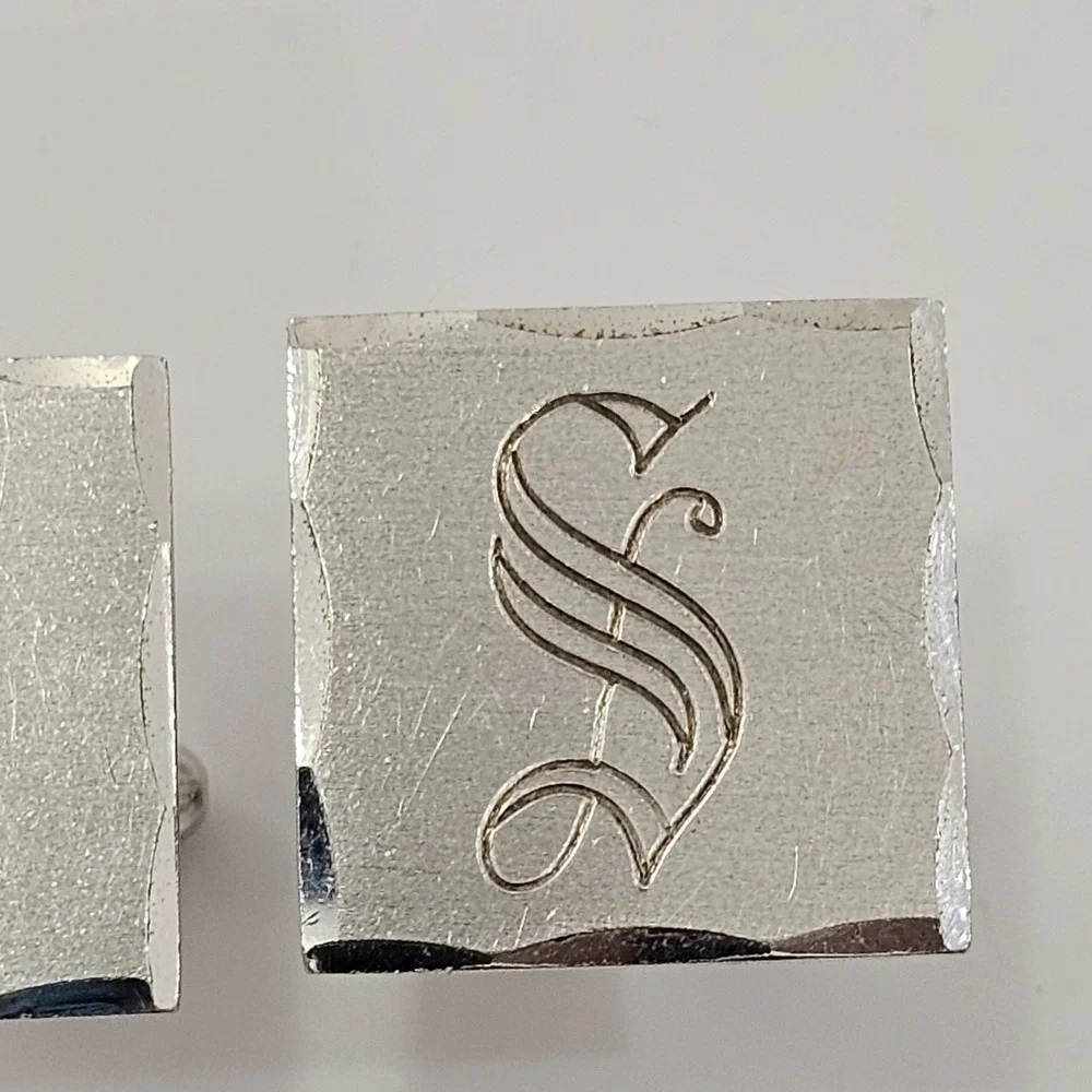 Vintage Anson Sterling Silver Bullet Back Square Monogram Initial S Cufflinks
